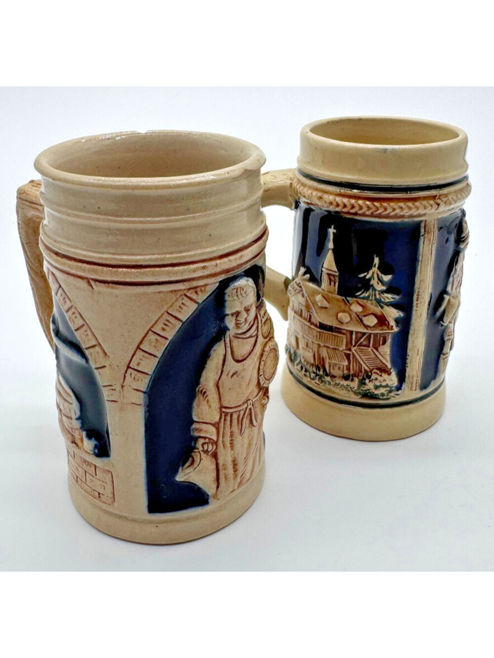 Pair Vintage German Mini Beer Steins Relief Stoneware Made in Germany